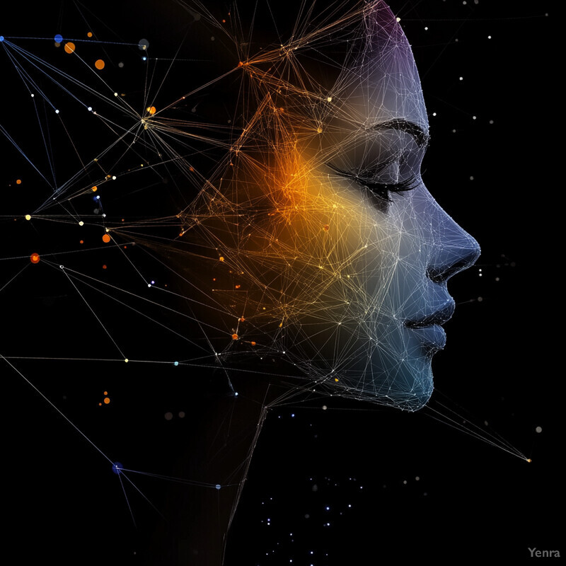 A woman's face is overlaid with a network of interconnected lines and dots, representing the complex relationships between her thoughts and emotions.