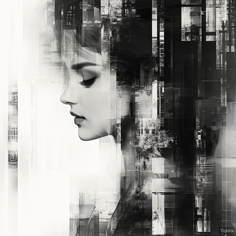 A serene black-and-white portrait of a woman set against an abstract cityscape backdrop.