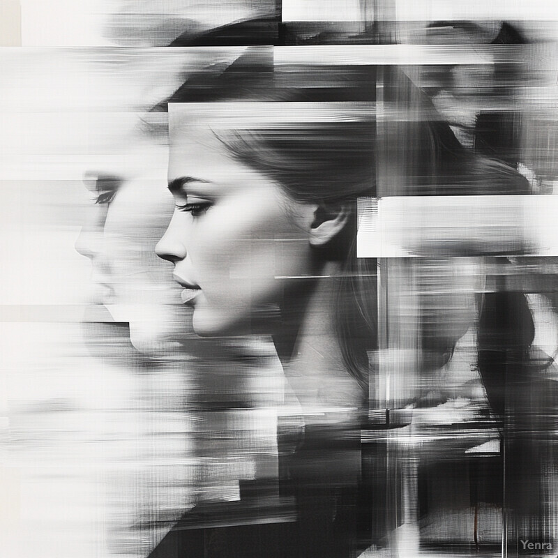 A striking black and white abstract artwork of two women's faces in profile, with bold brushstrokes and geometric shapes creating a dynamic composition.