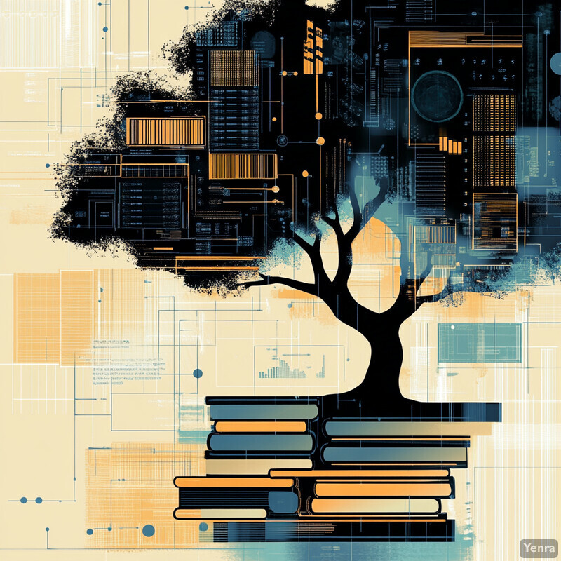 An abstract image depicting a tree with its roots and trunk made of books, set against a backdrop of computer-generated graphics.