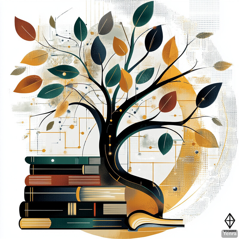 A stylized tree with green, yellow, and brown leaves growing out of a stack of books, symbolizing transfer learning and pretrained models.