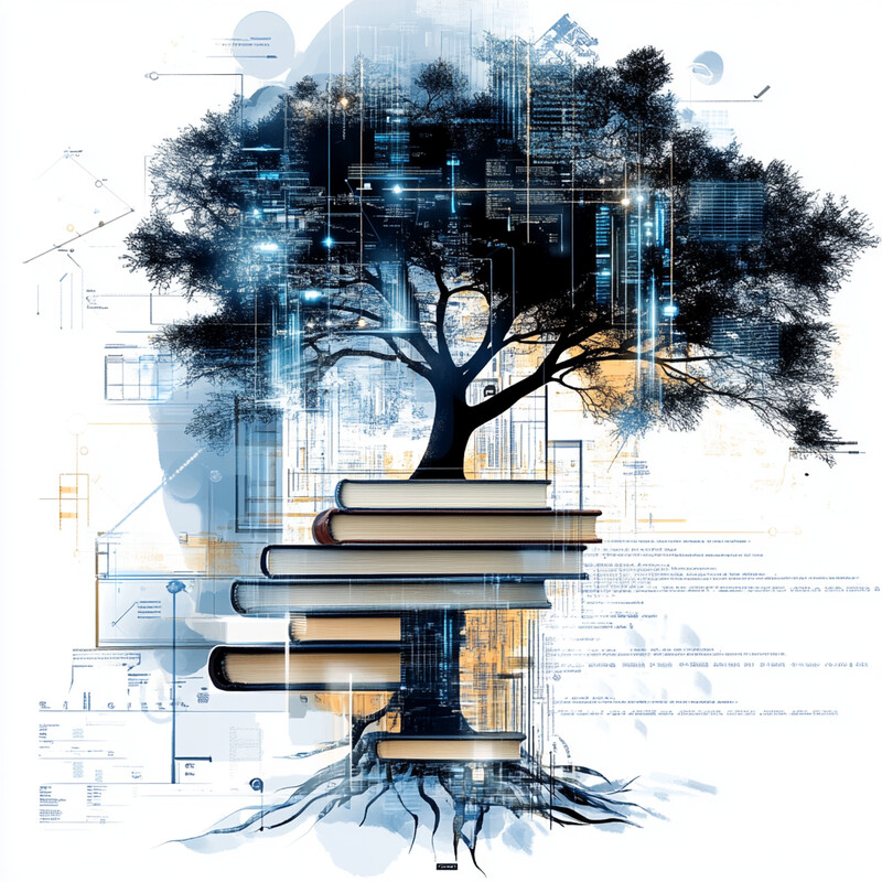 Illustration combining a tree and books to symbolize AI's growth and learning.