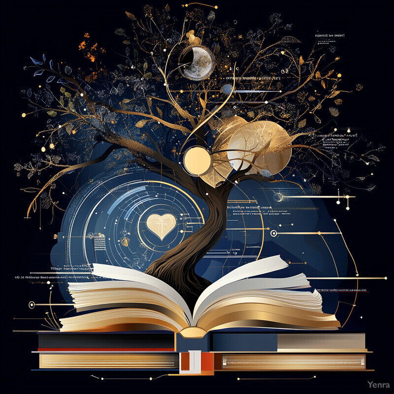 An abstract illustration of knowledge and learning, featuring a tree with branches and leaves, an open book at its base, and a crescent moon in the night sky.