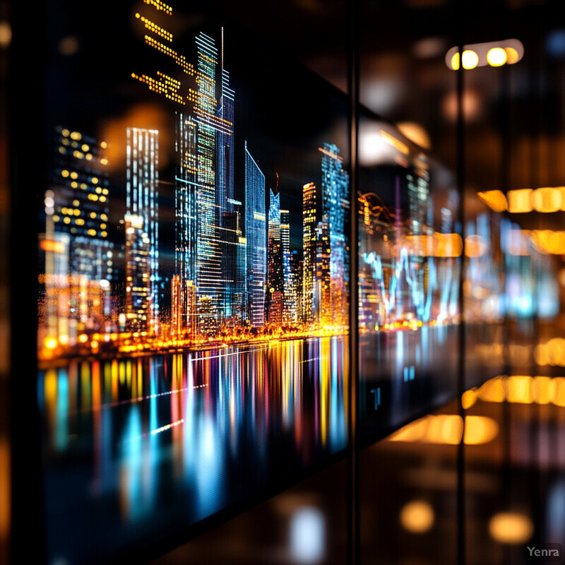 A cityscape at night with a large body of water in the foreground and skyscrapers rising into the sky behind it.