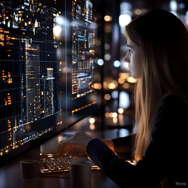 A young woman is intently focused on her work at a desk in an office setting.