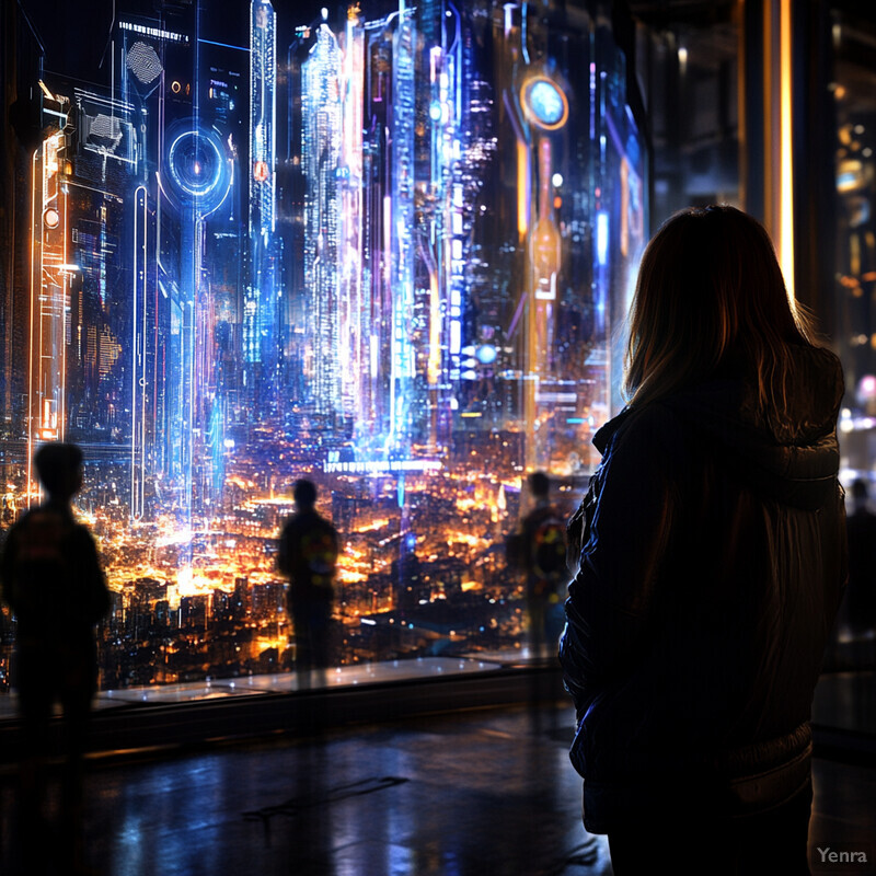 A woman stands in front of a large screen displaying digital interfaces and graphics, surrounded by other people in a futuristic cityscape.