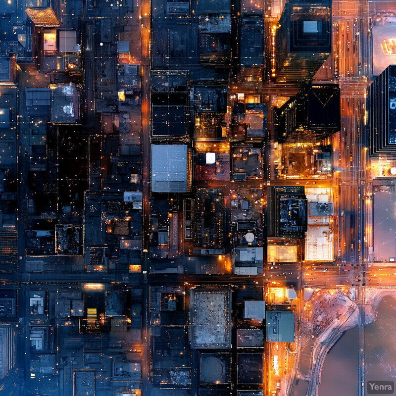 Aerial view of a city or town at night.