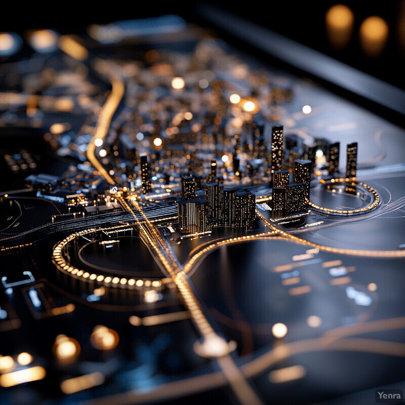 Aerial view of a city at night, showcasing its infrastructure and layout.