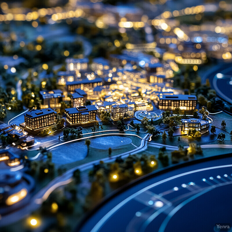 A miniature model of an urban landscape at night, featuring illuminated buildings and roads.