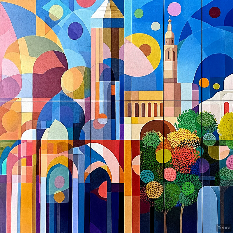 An abstract painting featuring a cityscape with various shapes and colors.