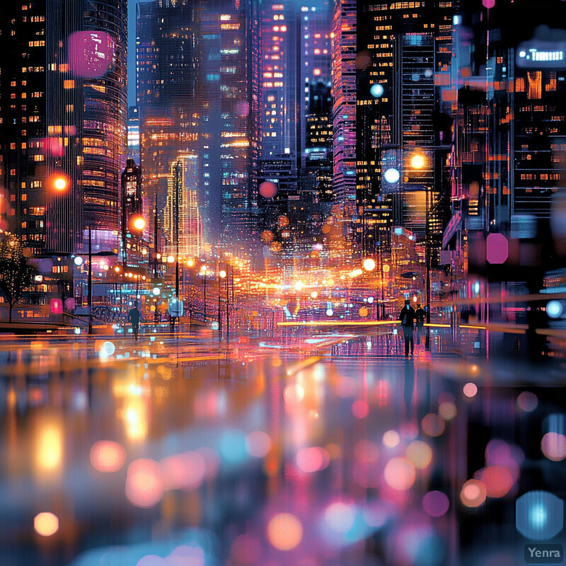 An abstract representation of data integration from multiple sources, depicted as a cityscape at night with buildings and streetlights.