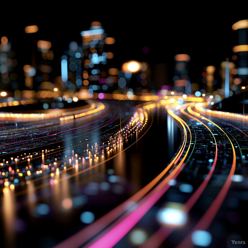 A futuristic cityscape with glowing lines of code and data streams flowing through its infrastructure.