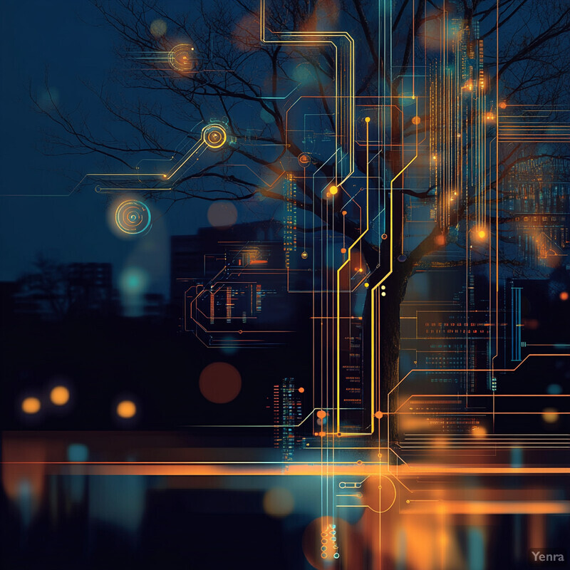 A cityscape at dusk or dawn with a focus on detecting and correcting census undercounts, featuring a tree adorned with orange lights.