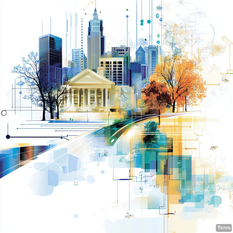 An abstract representation of a city featuring natural and architectural elements.