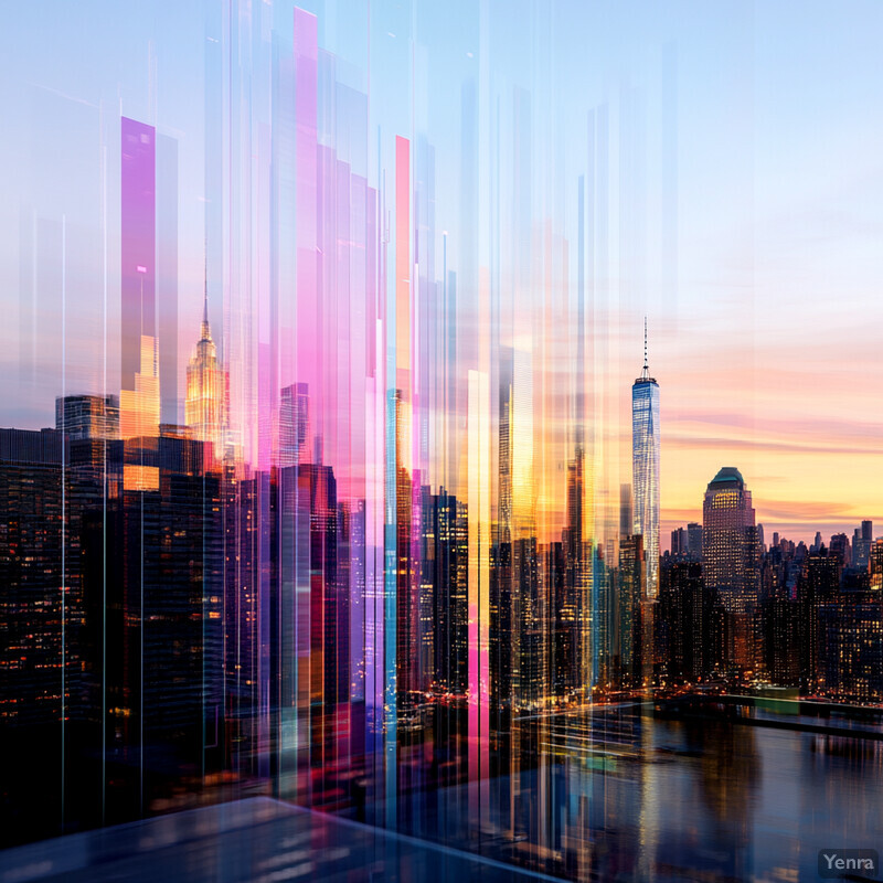 A cityscape at sunset or sunrise, with several skyscrapers and buildings visible in the background, set against a colorful sky.