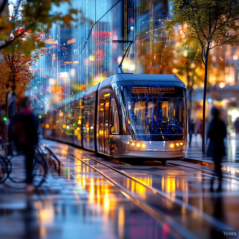 A city street at night with a tram or trolleybus as its central focus.