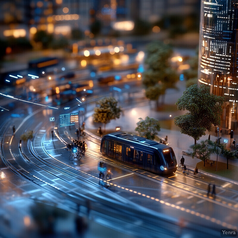 A miniature model of a city street at night, showcasing a comprehensive transportation system.