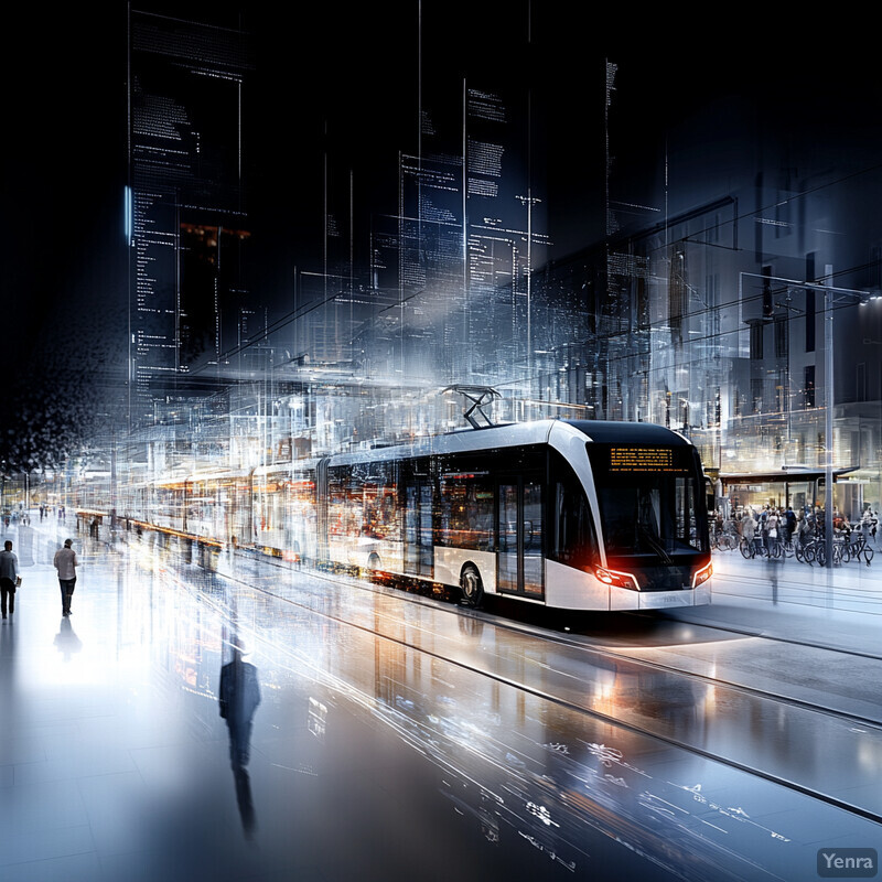 A futuristic cityscape with a modern tram at its center, showcasing the city's infrastructure and bustling activity.