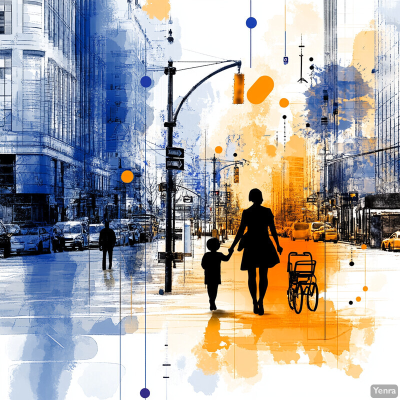 A woman and child walk down a busy city street surrounded by various objects and elements.