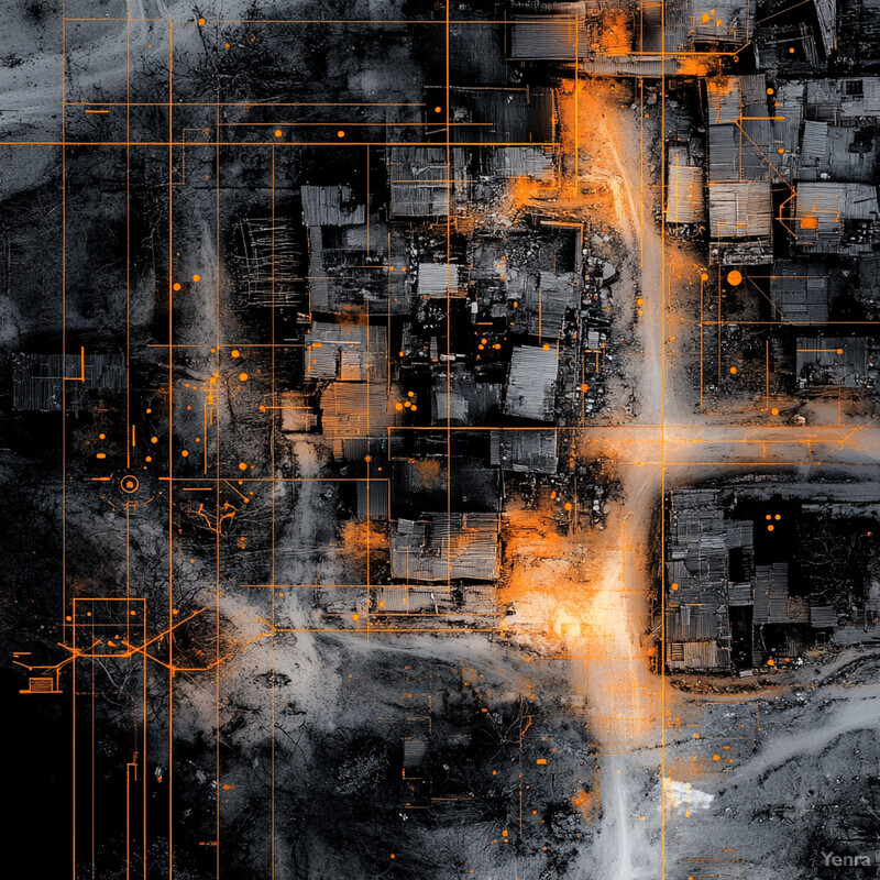 Aerial view of an informal settlement with orange lines overlaying the image.