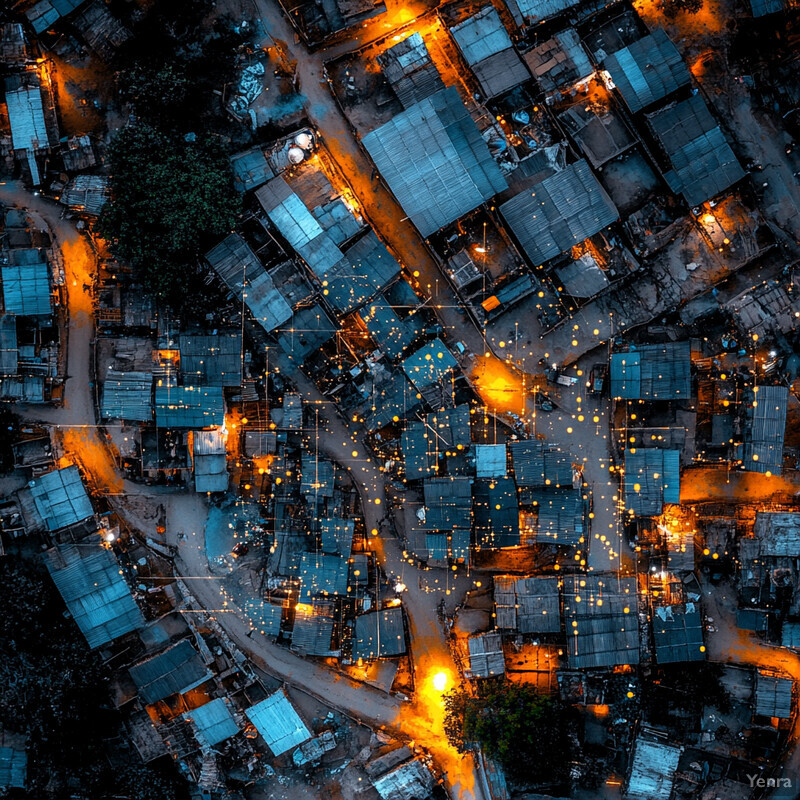 Aerial photograph of an informal settlement at dusk or dawn, showcasing densely packed buildings and winding roads.