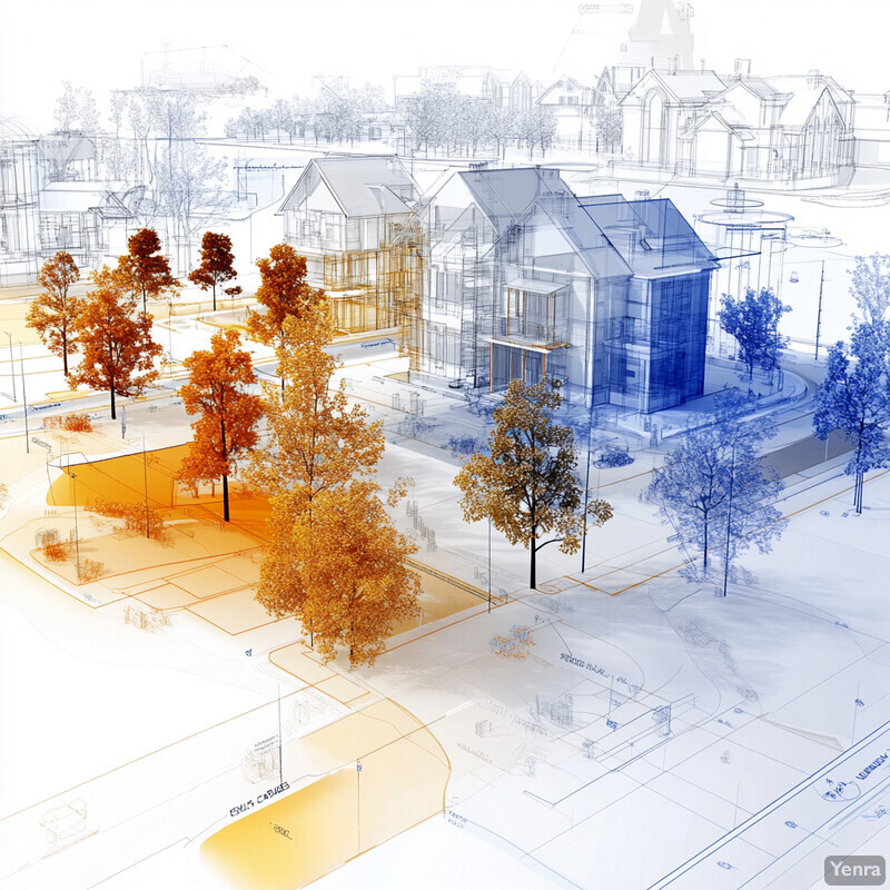 Architectural design for a residential neighborhood with multiple houses and trees at various stages of development.