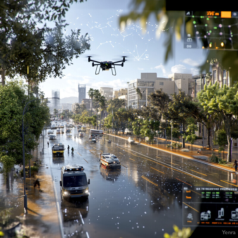 A city street on a rainy day with a drone flying above and various vehicles driving or parked along the road.