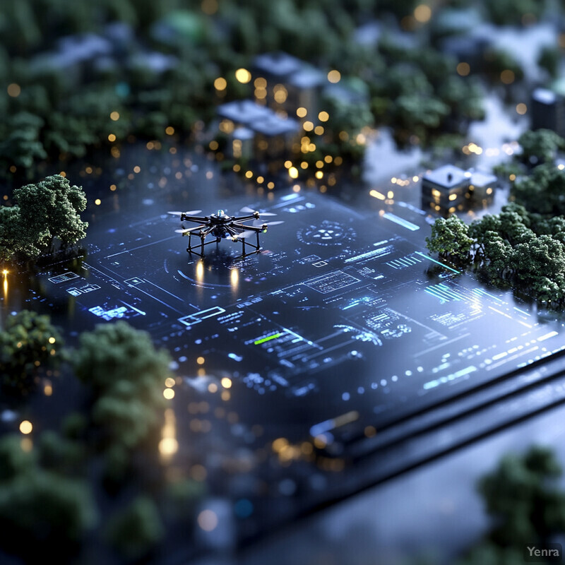 A futuristic cityscape with a drone hovering above the ground, surrounded by trees and buildings.