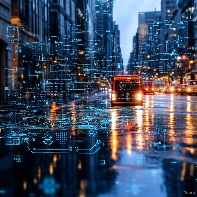 A city street with a bus and car driving down it, surrounded by tall buildings on either side.