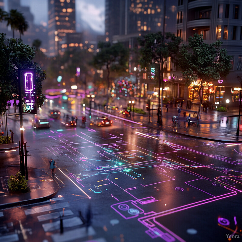 A city street at night with neon lights and a futuristic atmosphere.