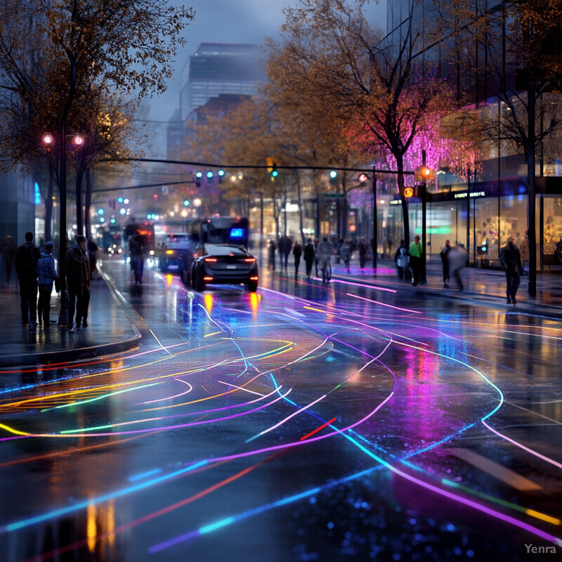 A city street at night, with a focus on the road and surrounding buildings.