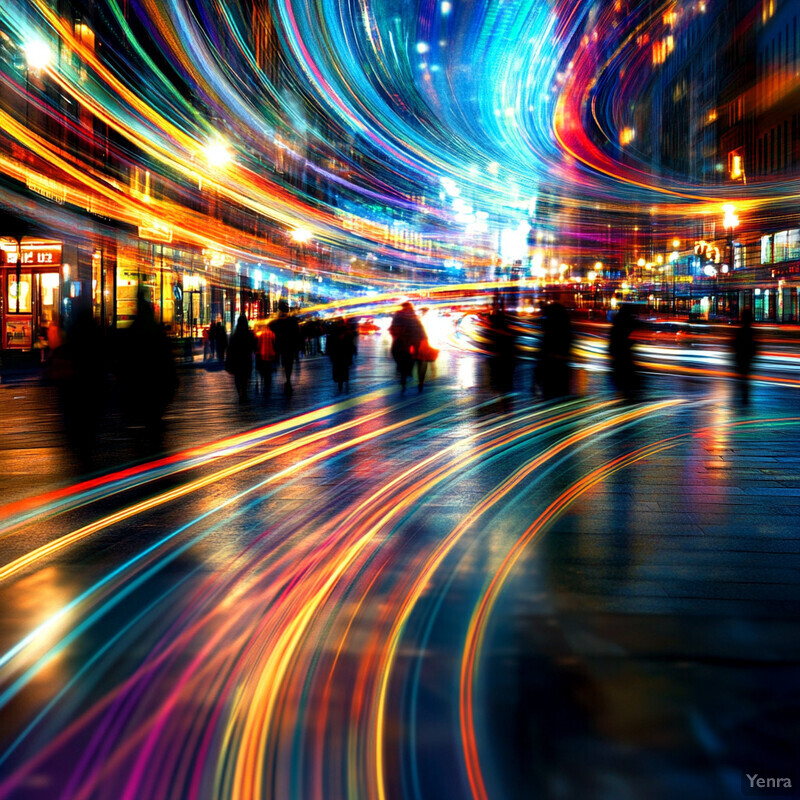 A nighttime scene of a busy city street with people and cars moving about.