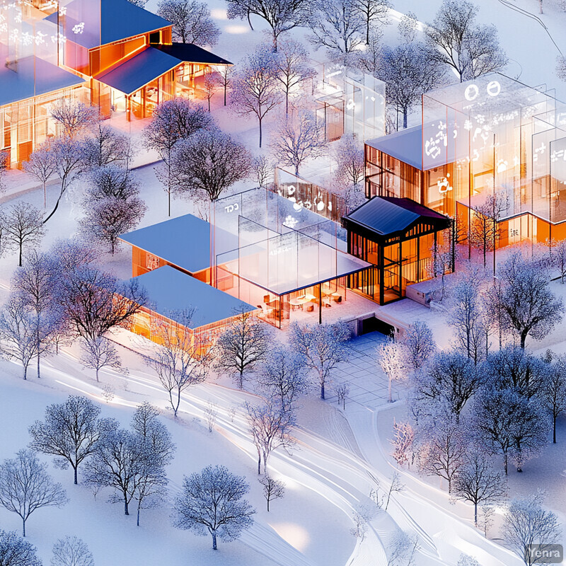 A winter scene with modern buildings and bare trees covered in snow.