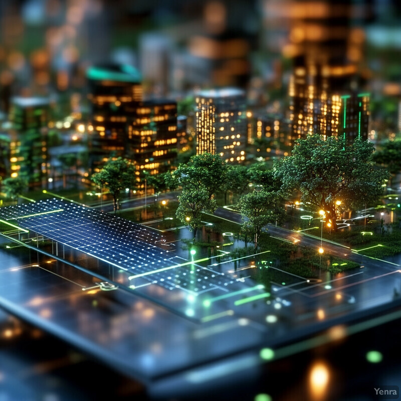 A futuristic cityscape with a focus on sustainable resource allocation, featuring a large solar panel array and green spaces throughout the city.