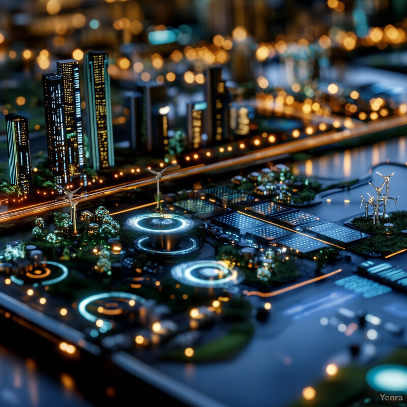 A miniature model of a futuristic city with sustainable features and advanced technology.