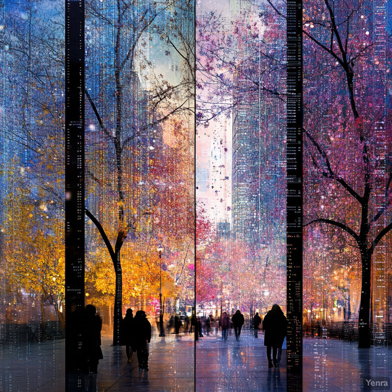 A city street scene with different seasons represented by distinct colors and imagery.