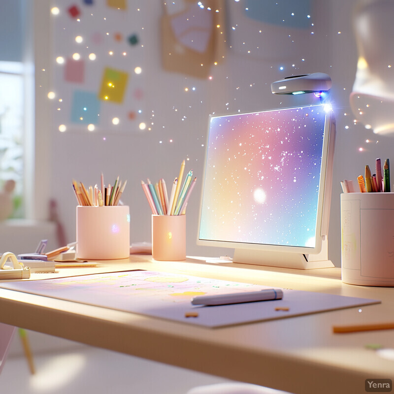 A desk with a computer monitor displaying a starry sky background, colored pencils in pink and white holders, and a piece of paper or artwork.