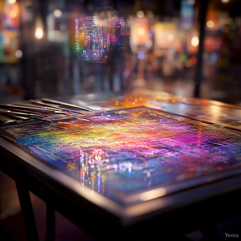 A table with a colorful surface and artwork/craft project on top, situated in an indoor setting.