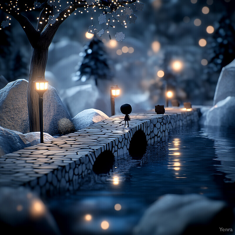 A serene and mystical forest scene at night, with a stone bridge over a small stream.