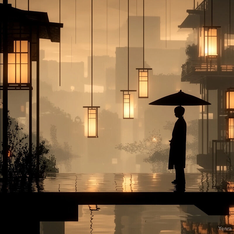 A person stands alone in front of a misty cityscape or town, surrounded by hanging lanterns.