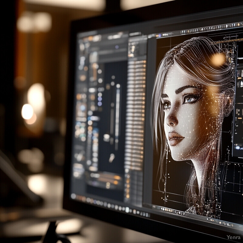 A computer screen displays an artistic rendering of a woman's face.