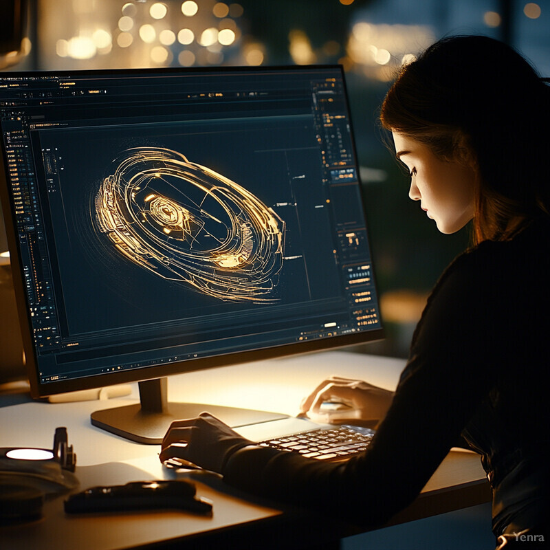 A woman is working on a computer in front of a large monitor displaying a 3D model of an object.