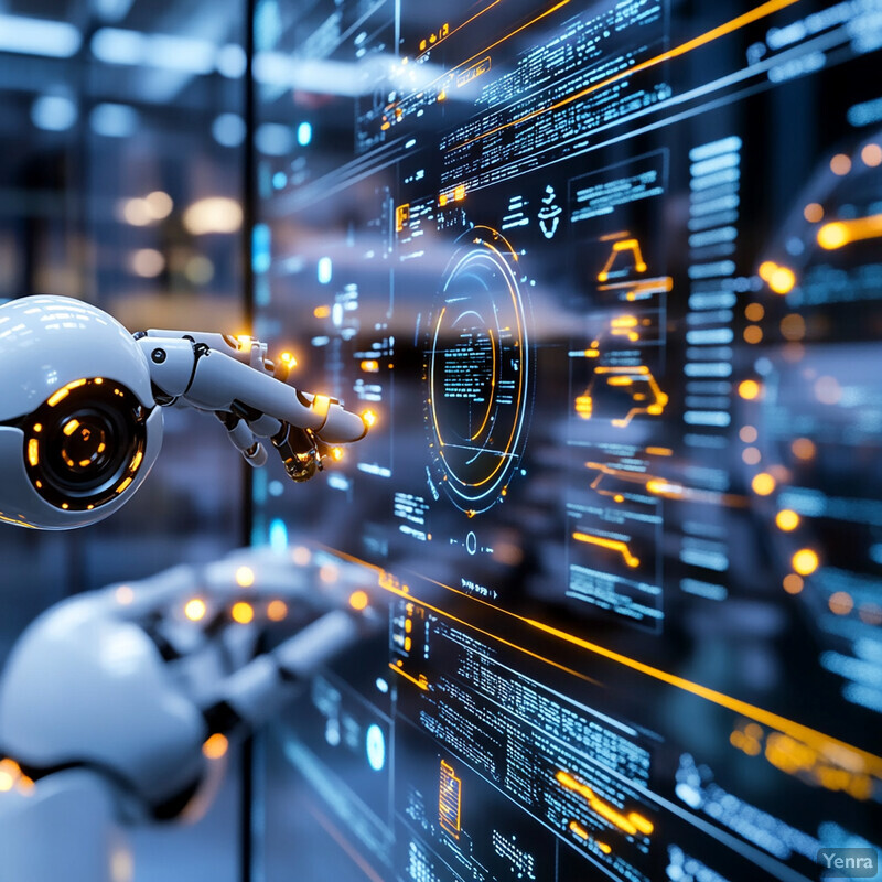 A robotic arm interacts with a large screen displaying data and information.