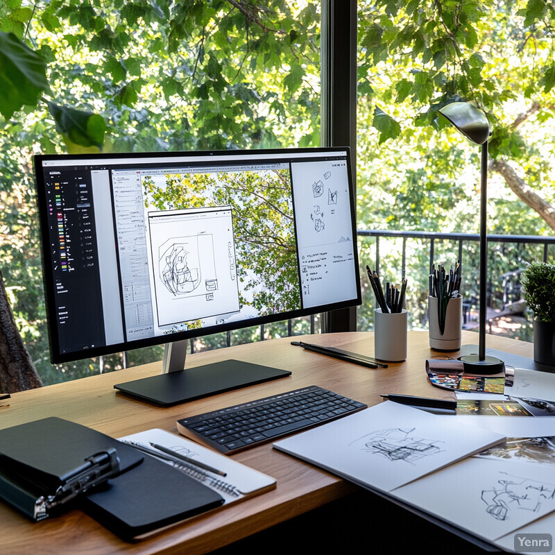 A person is working on a graphic design project in their home office, surrounded by various tools and supplies.