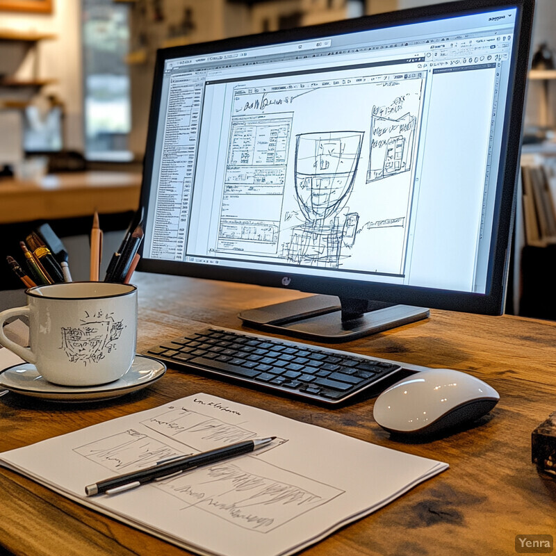 A computer monitor displaying a blueprint or sketch on its screen is placed on a desk in an office setting, surrounded by various objects such as a coffee cup, keyboard, mouse, and paper with additional sketches.