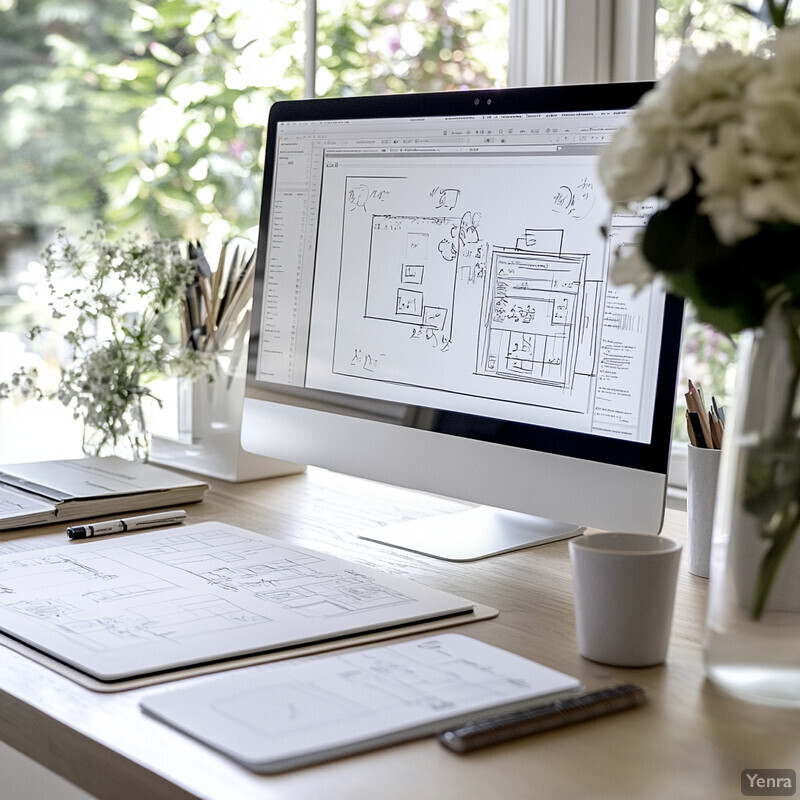 A professional workspace with a computer monitor displaying a blueprint or floor plan.