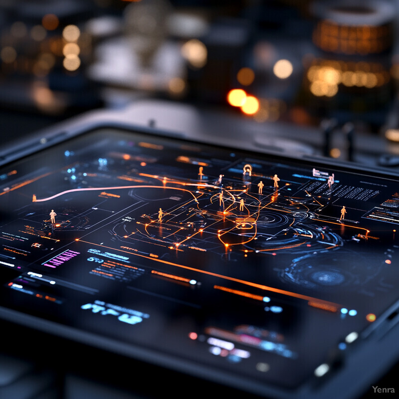 A futuristic-looking screen displaying a complex network diagram.