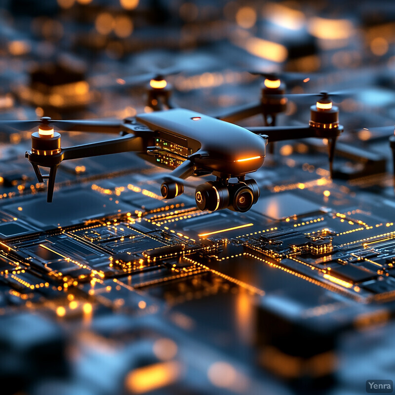 A drone hovers over a circuit board, showcasing its advanced technology and precision engineering.