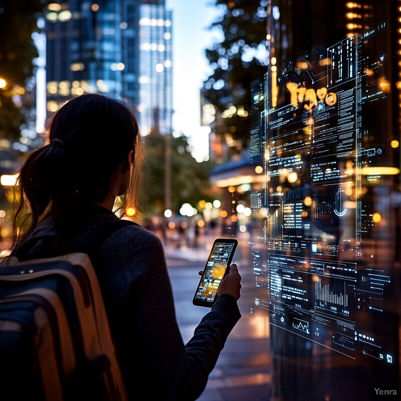 A woman stands in front of a large screen displaying complex information, possibly related to data analysis or financials.