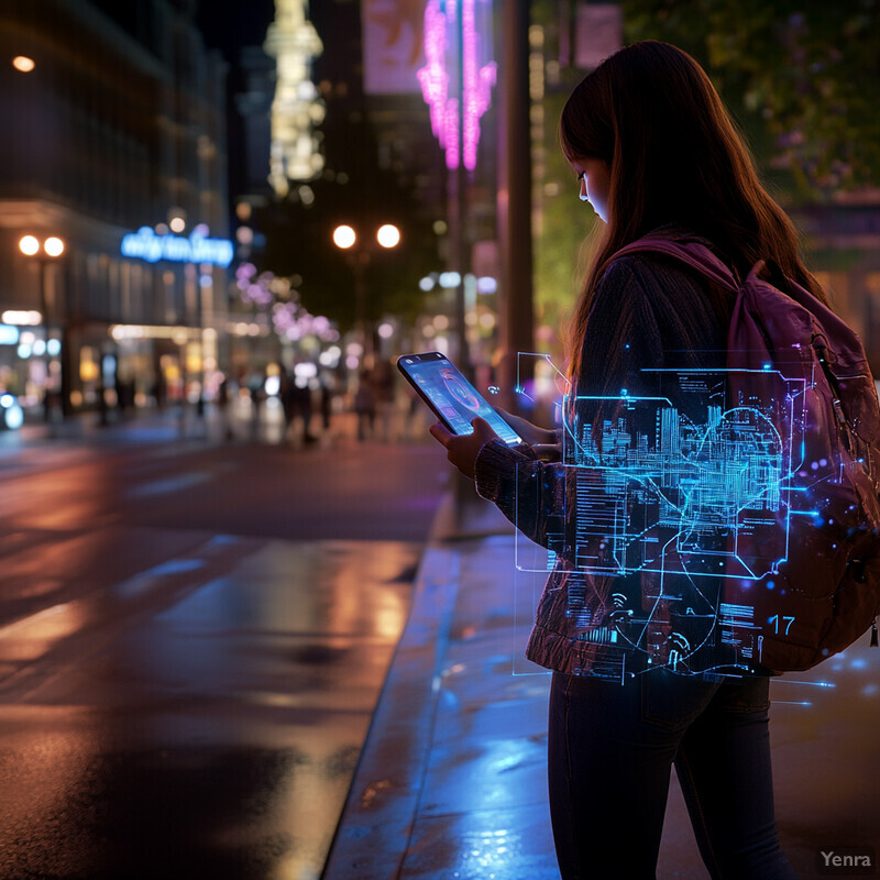 A young woman stands on a city street at night, gazing down at her smartphone with a thoughtful expression.